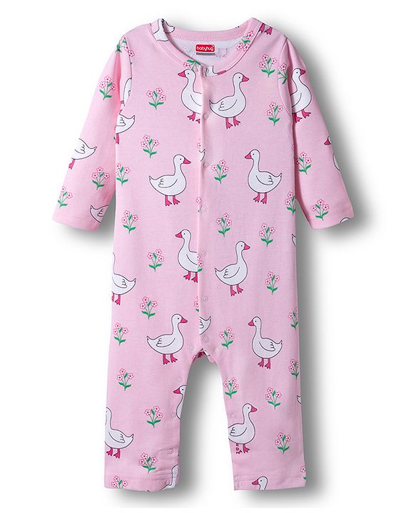 Babyhug 100% Cotton Knit Full Sleeves Front Open Rompers with Duck & Polka Dot Print Pack of 2 - Dark Pink & Pink