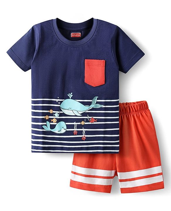 Babyhug Cotton Knit Half Sleeves Shorts Night Suit With Whale Print - Navy Blue