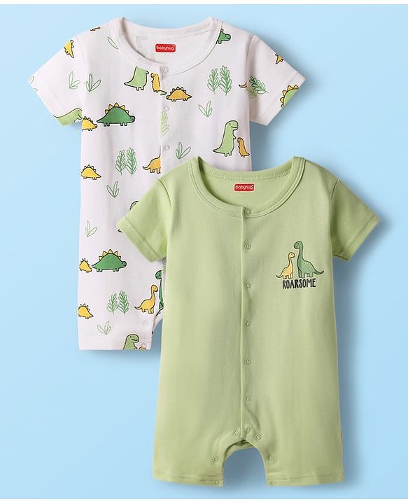 Babyhug 100% Cotton Half Sleeves Dino Printed Front Open Rompers Pack Of 2 - Light Green & White
