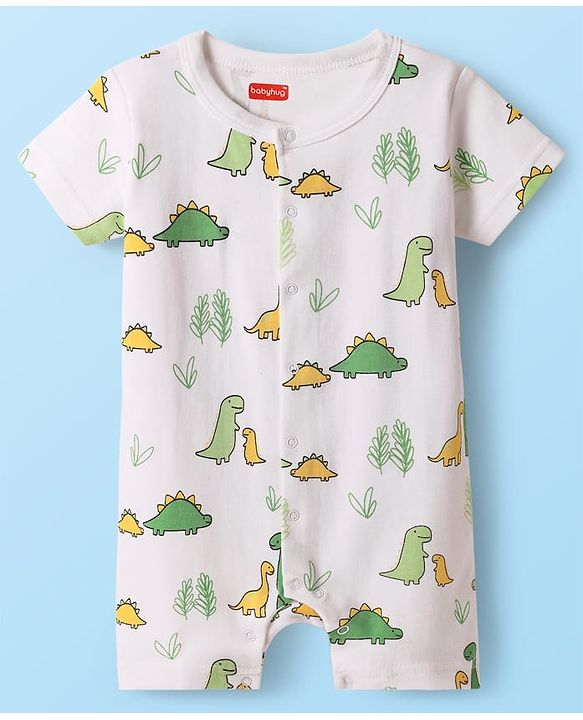 Babyhug 100% Cotton Half Sleeves Dino Printed Front Open Rompers Pack Of 2 - Light Green & White