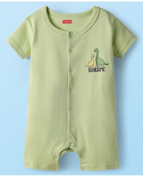 Babyhug 100% Cotton Half Sleeves Dino Printed Front Open Rompers Pack Of 2 - Light Green & White