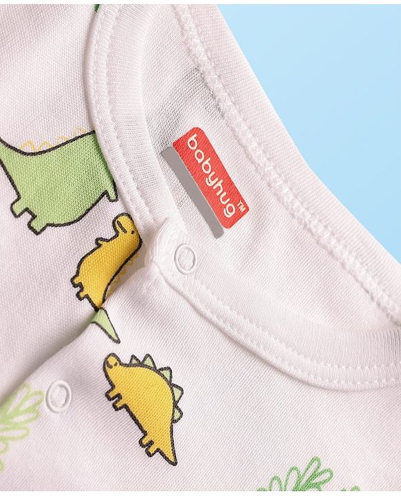 Babyhug 100% Cotton Half Sleeves Dino Printed Front Open Rompers Pack Of 2 - Light Green & White