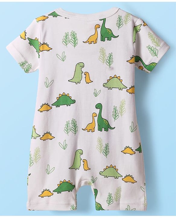 Babyhug 100% Cotton Half Sleeves Dino Printed Front Open Rompers Pack Of 2 - Light Green & White