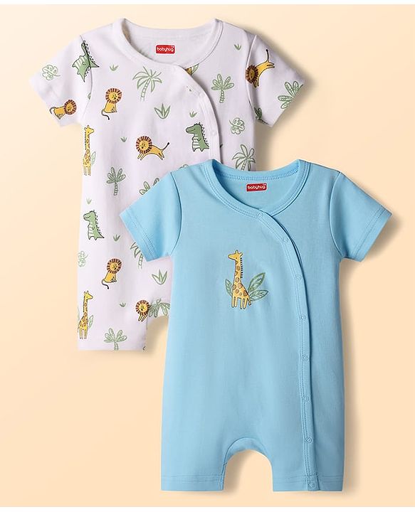 Babyhug 100% Cotton Knit Half Sleeves Romper with Animal Print Pack of 2 - Light Blue & White