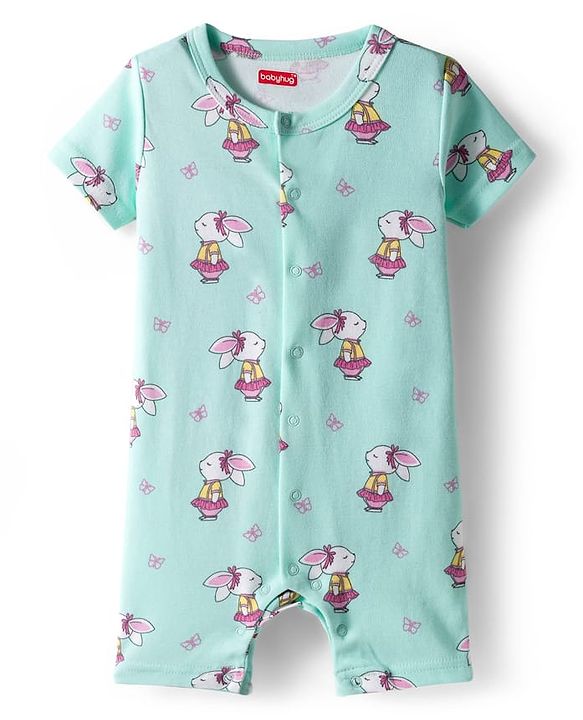 Babyhug 100% Cotton Interlock Knit Romper With Animal Print Pack Of 2 - Pink & Light Blue
