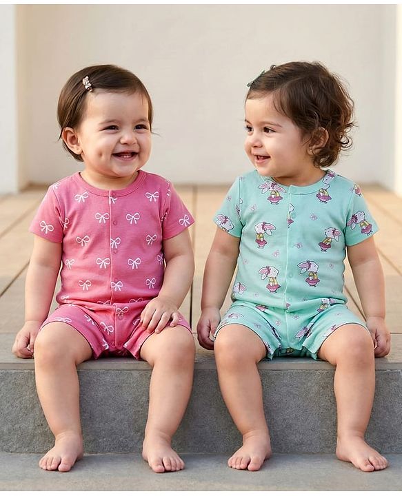 Babyhug 100% Cotton Interlock Knit Romper With Animal Print Pack Of 2 - Pink & Light Blue