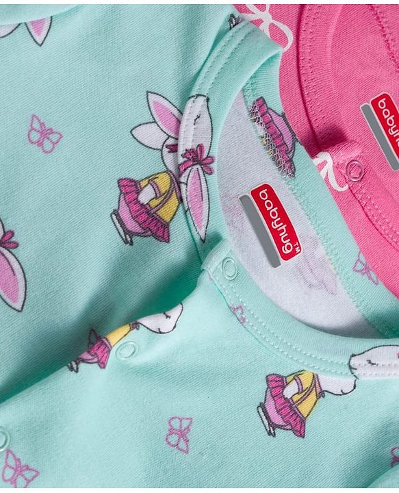 Babyhug 100% Cotton Interlock Knit Romper With Animal Print Pack Of 2 - Pink & Light Blue