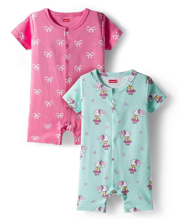 Babyhug 100% Cotton Interlock Knit Romper With Animal Print Pack Of 2 - Pink & Light Blue