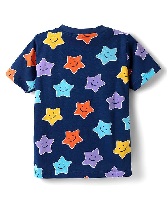 Babyhug Cotton Knit  Half Sleeves Co-ords Night Suit With Star Print - Navy Blue