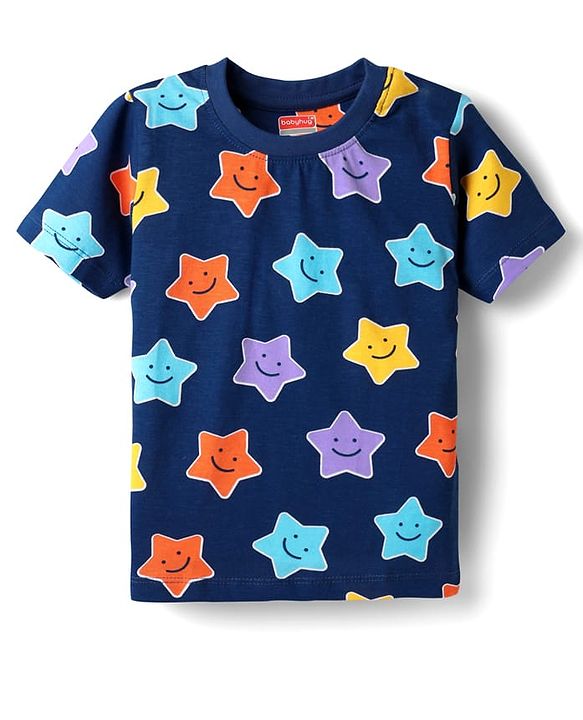 Babyhug Cotton Knit  Half Sleeves Co-ords Night Suit With Star Print - Navy Blue