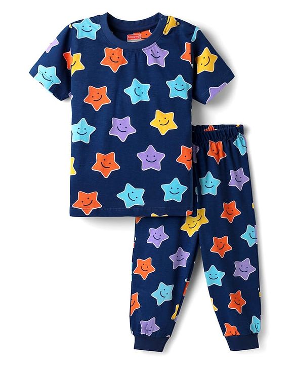 Babyhug Cotton Knit  Half Sleeves Co-ords Night Suit With Star Print - Navy Blue