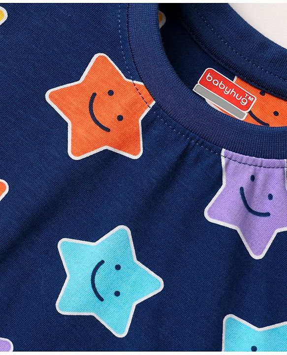 Babyhug Cotton Knit  Half Sleeves Co-ords Night Suit With Star Print - Navy Blue