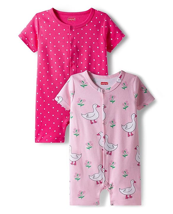 Babyhug 100% Cotton Interlock Knit Half Sleeves Front Open Romper with Polka Dot Ducky & Floral Print Pack of 2 - Dark Pink & Plum