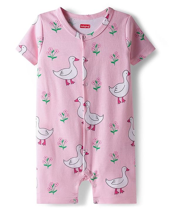 Babyhug 100% Cotton Interlock Knit Half Sleeves Front Open Romper with Polka Dot Ducky & Floral Print Pack of 2 - Dark Pink & Plum