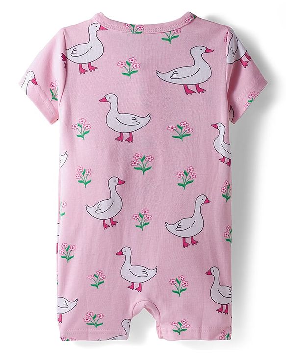 Babyhug 100% Cotton Interlock Knit Half Sleeves Front Open Romper with Polka Dot Ducky & Floral Print Pack of 2 - Dark Pink & Plum