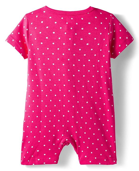 Babyhug 100% Cotton Interlock Knit Half Sleeves Front Open Romper with Polka Dot Ducky & Floral Print Pack of 2 - Dark Pink & Plum