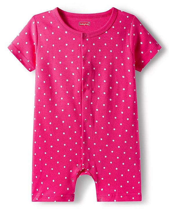 Babyhug 100% Cotton Interlock Knit Half Sleeves Front Open Romper with Polka Dot Ducky & Floral Print Pack of 2 - Dark Pink & Plum