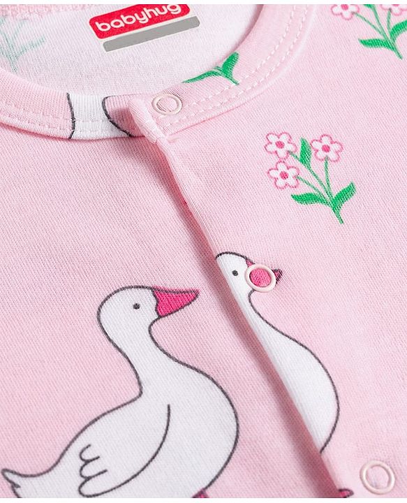 Babyhug 100% Cotton Interlock Knit Half Sleeves Front Open Romper with Polka Dot Ducky & Floral Print Pack of 2 - Dark Pink & Plum