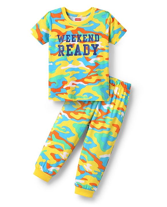 Babyhug Cotton Knit Half Sleeves Night Suit With Abstract Print - Multicolour