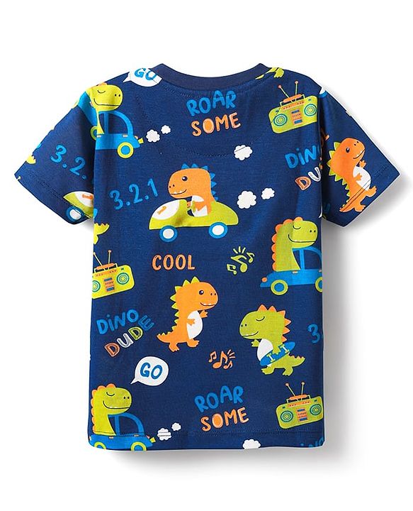 Babyhug Cotton Knit Half Sleeves Shorts Co-Ord Night Suit with Animal Print - Navy Blue