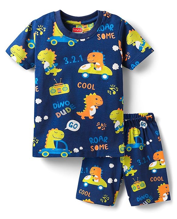 Babyhug Cotton Knit Half Sleeves Shorts Co-Ord Night Suit with Animal Print - Navy Blue