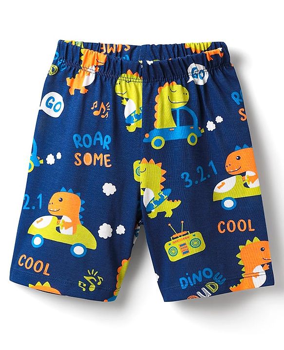 Babyhug Cotton Knit Half Sleeves Shorts Co-Ord Night Suit with Animal Print - Navy Blue