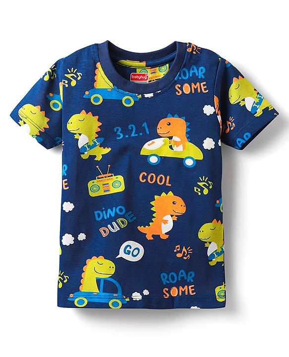 Babyhug Cotton Knit Half Sleeves Shorts Co-Ord Night Suit with Animal Print - Navy Blue