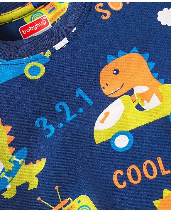 Babyhug Cotton Knit Half Sleeves Shorts Co-Ord Night Suit with Animal Print - Navy Blue