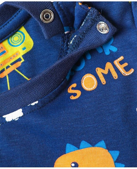 Babyhug Cotton Knit Half Sleeves Shorts Co-Ord Night Suit with Animal Print - Navy Blue