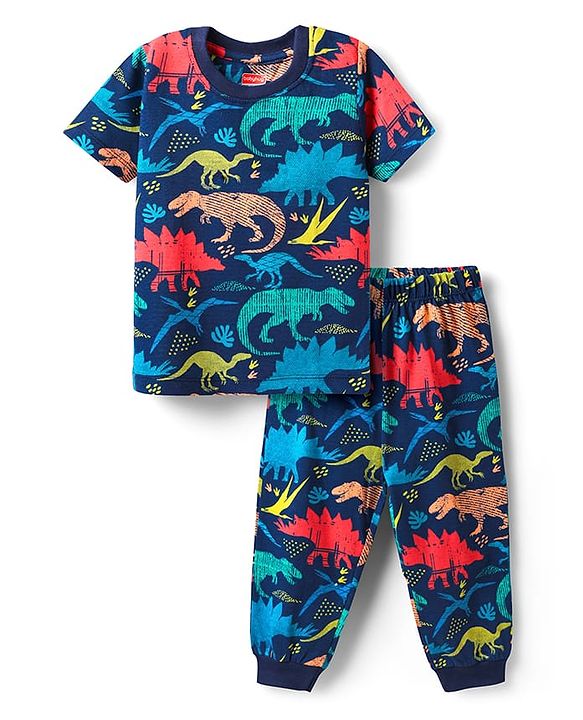Babyhug Cotton Knit Half Sleeves Co-Ord Night Suit with Animal Print - Navy Blue