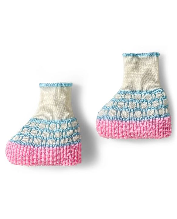 Babyhug Knit Full Raglan Sleeves Front Open Sweater & Pant Set with Cap & Booties with Color Block Design - Pink & Light Blue