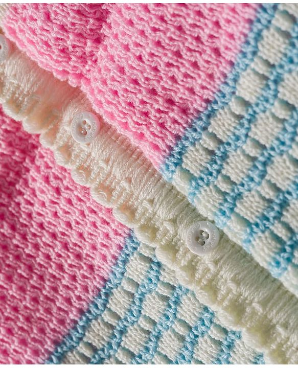 Babyhug Knit Full Raglan Sleeves Front Open Sweater & Pant Set with Cap & Booties with Color Block Design - Pink & Light Blue