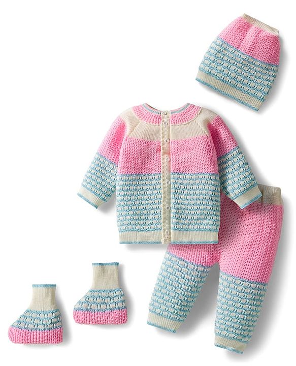Babyhug Knit Full Raglan Sleeves Front Open Sweater & Pant Set with Cap & Booties with Color Block Design - Pink & Light Blue