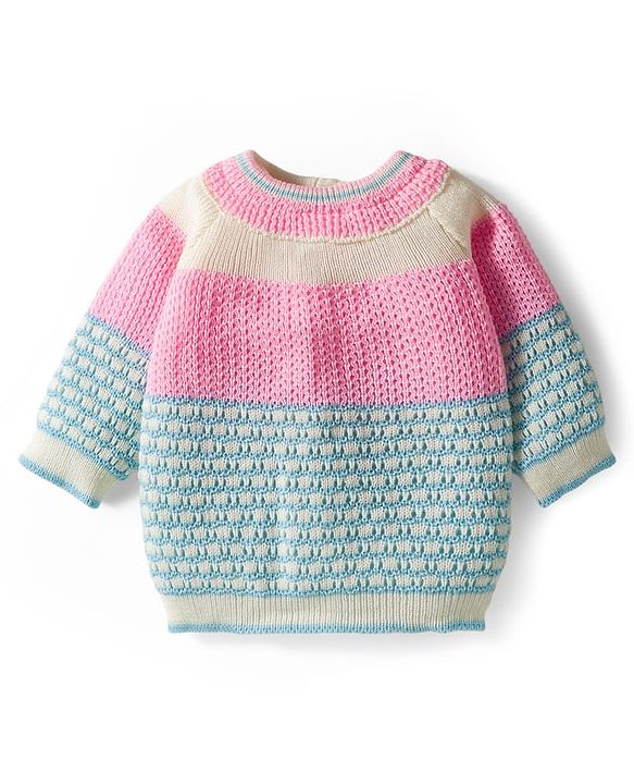 Babyhug Knit Full Raglan Sleeves Front Open Sweater & Pant Set with Cap & Booties with Color Block Design - Pink & Light Blue