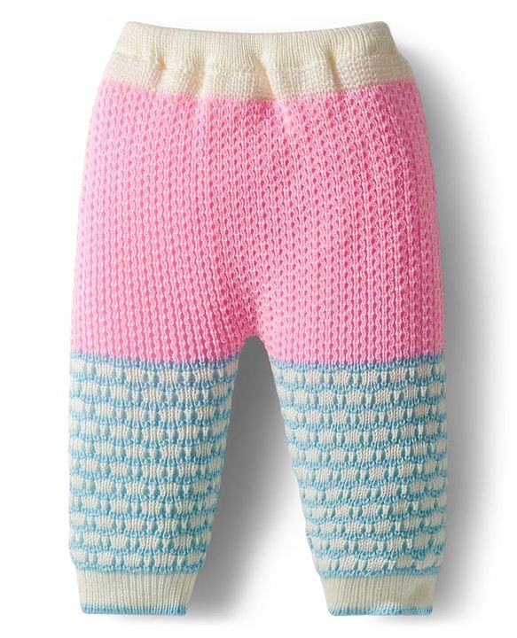 Babyhug Knit Full Raglan Sleeves Front Open Sweater & Pant Set with Cap & Booties with Color Block Design - Pink & Light Blue