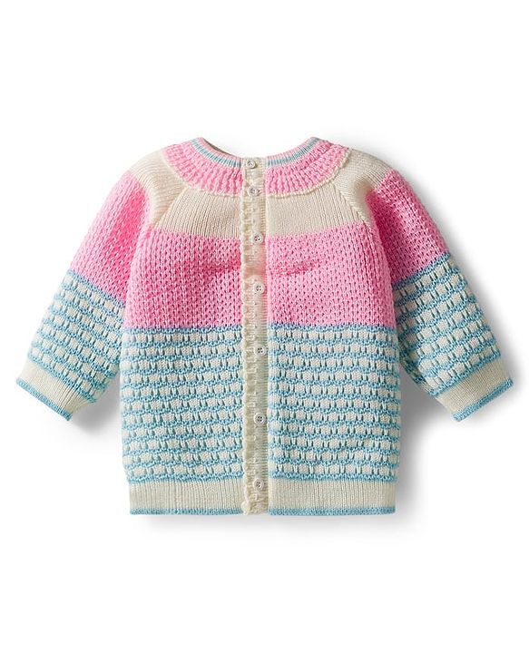 Babyhug Knit Full Raglan Sleeves Front Open Sweater & Pant Set with Cap & Booties with Color Block Design - Pink & Light Blue