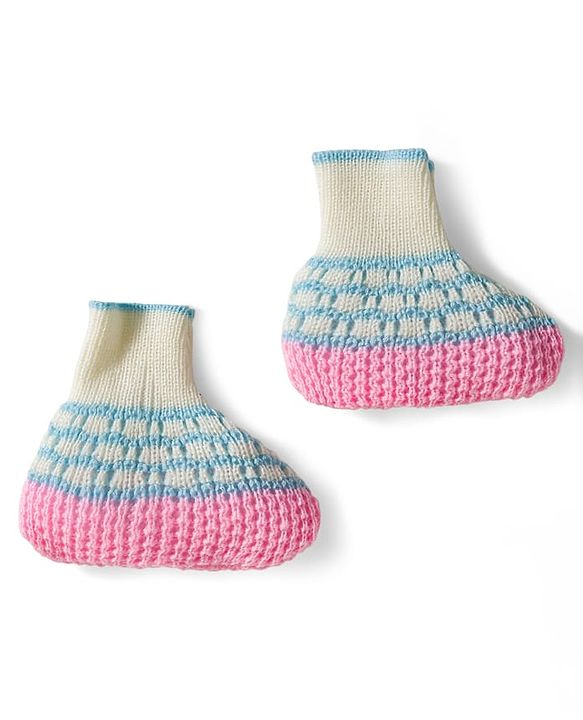 Babyhug Knit Full Raglan Sleeves Front Open Sweater & Pant Set with Cap & Booties with Color Block Design - Pink & Light Blue