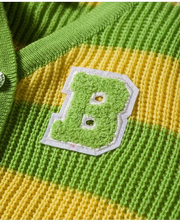 Babyhug Knit Full Sleeves Front Open Sweater & Pant Set with Color Block Design - Yellow & Green