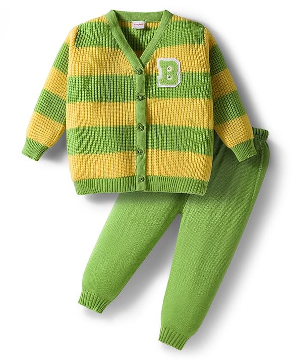 Babyhug Knit Full Sleeves Front Open Sweater & Pant Set with Color Block Design - Yellow & Green
