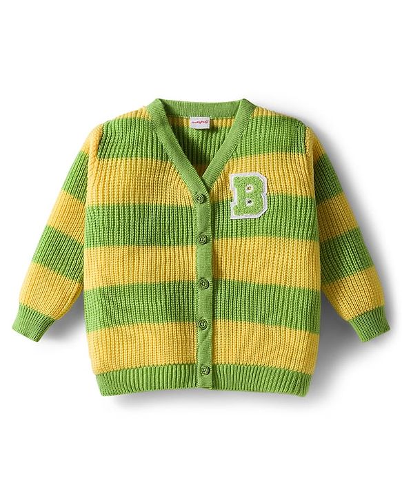 Babyhug Knit Full Sleeves Front Open Sweater & Pant Set with Color Block Design - Yellow & Green