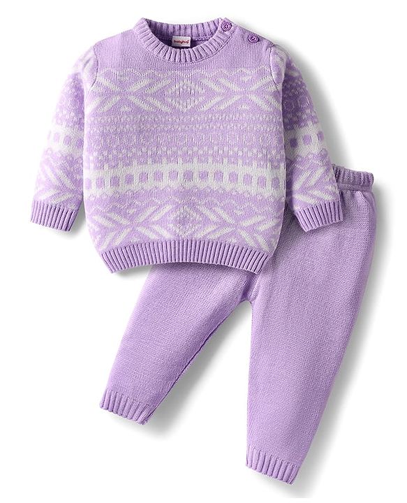 Babyhug Knit Full Sleeves Sweater Set with Fair Isle Design - Lavender