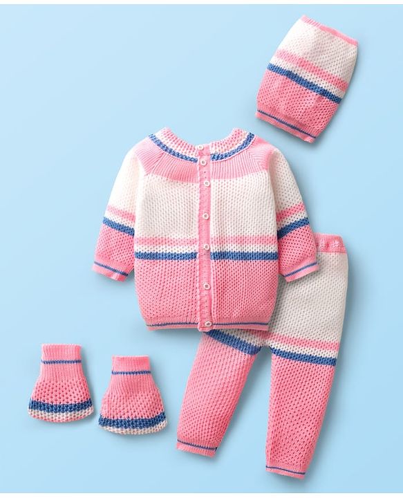 Babyhug Knit Full Raglan Sleeves Front Open Sweater Set With Cap & Mittens - Pink