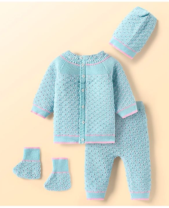 Babyhug Knitted Full Raglan Sleeves Front Open Sweater Set With Cap & Mittens - Light Blue