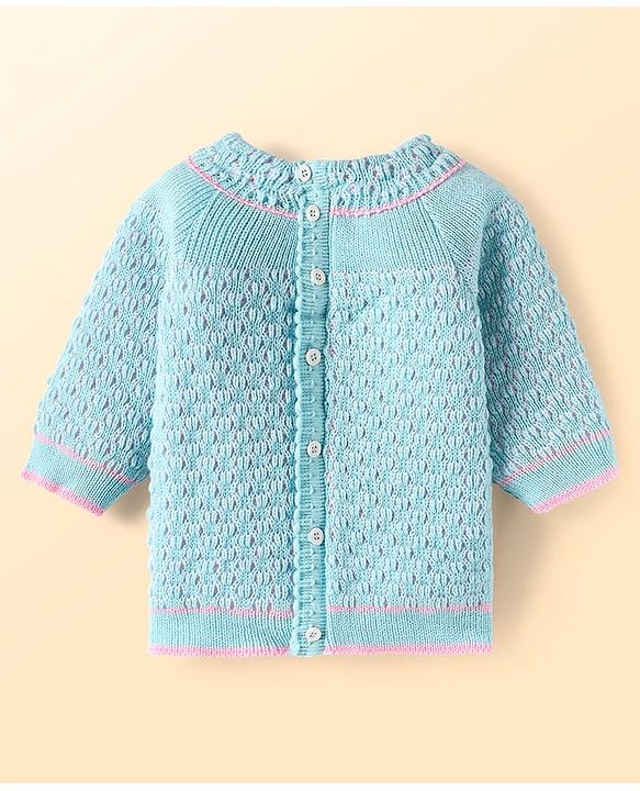 Babyhug Knitted Full Raglan Sleeves Front Open Sweater Set With Cap & Mittens - Light Blue