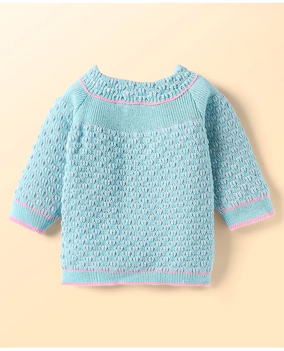Babyhug Knitted Full Raglan Sleeves Front Open Sweater Set With Cap & Mittens - Light Blue