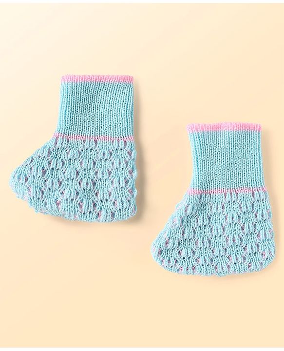 Babyhug Knitted Full Raglan Sleeves Front Open Sweater Set With Cap & Mittens - Light Blue