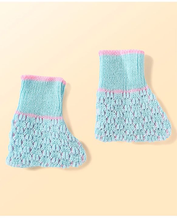 Babyhug Knitted Full Raglan Sleeves Front Open Sweater Set With Cap & Mittens - Light Blue