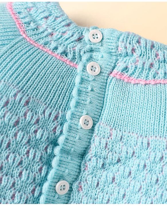 Babyhug Knitted Full Raglan Sleeves Front Open Sweater Set With Cap & Mittens - Light Blue