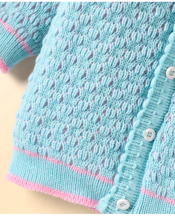 Babyhug Knitted Full Raglan Sleeves Front Open Sweater Set With Cap & Mittens - Light Blue