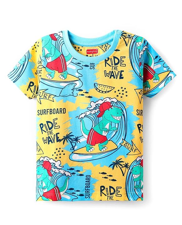 Babyhug Cotton Knit Half Sleeves Night Suit With Dino Print - Multicolour
